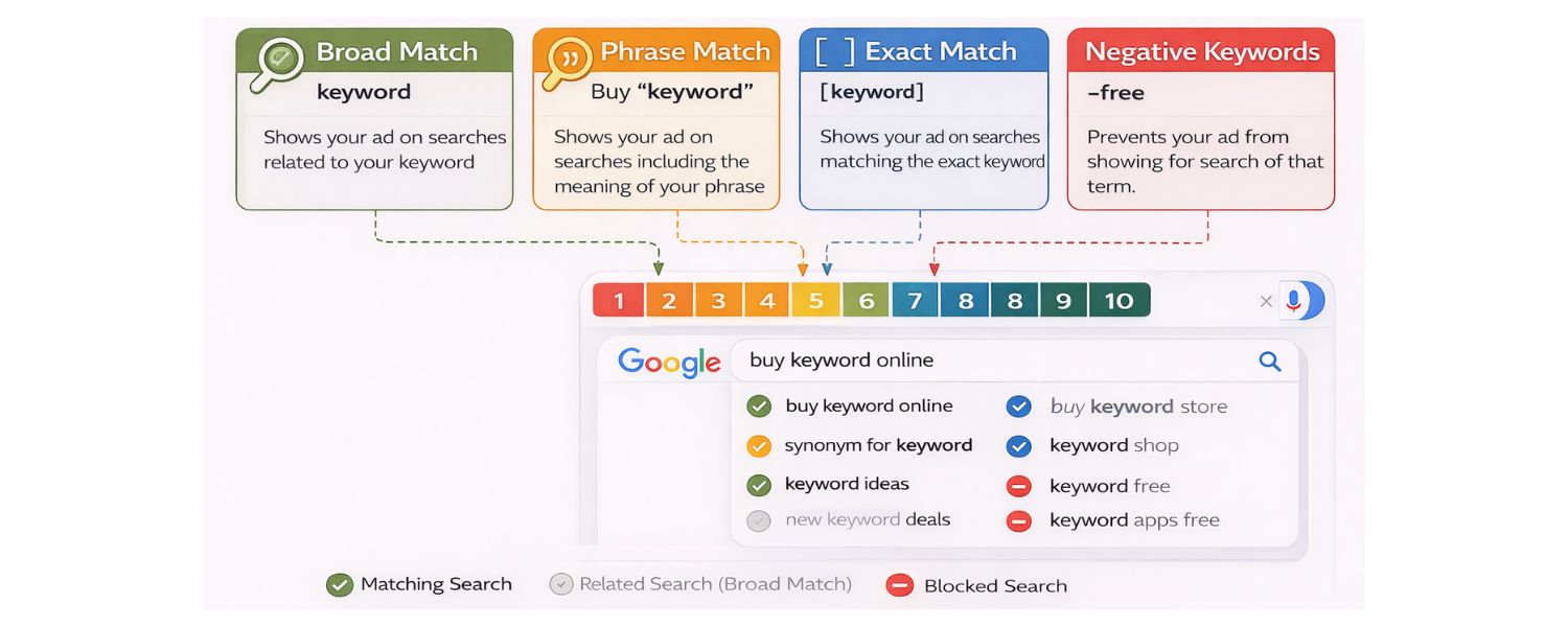 Keyword match types and negative keywords